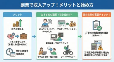 副業で収入を増やすためのメリットと始め方を解説した図解画像