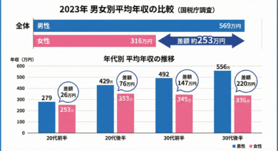 2023年男女別平均年収の比較グラフ。(国税庁調査)