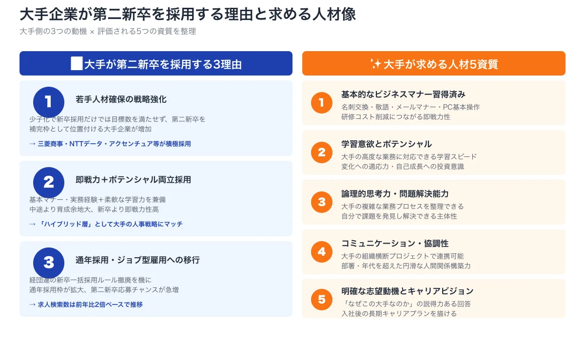 大手企業が第二新卒を採用する3理由と求める人材像5資質。若手人材確保戦略、即戦力＋ポテンシャル両立、通年採用浸透の3理由と、ビジネスマナー・学習意欲・論理思考・協調性・志望動機の5資質を整理