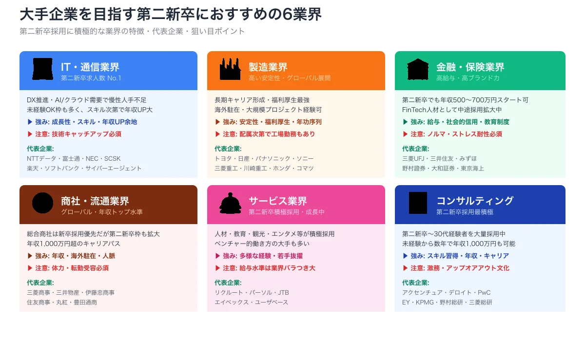 第二新卒の大手転職おすすめ業界マップ。IT通信、製造、金融保険、商社流通、サービス、コンサルティングの6業界それぞれの特徴・代表企業・狙い目ポイントを整理