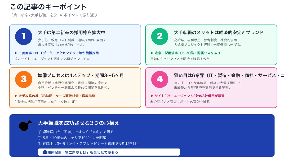 第二新卒の大手転職記事キーポイント要約。採用枠拡大、メリット安定性、4ステップ準備、6業界狙い目の4要点と成功3心構えCTA