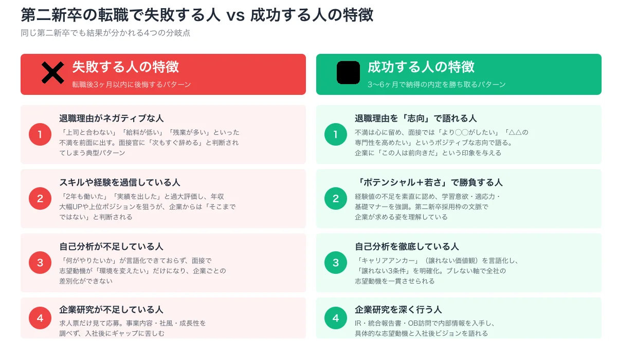 第二新卒転職の失敗パターンと成功パターンの4軸対比。退職理由、スキル評価、自己分析、企業研究の4観点で比較