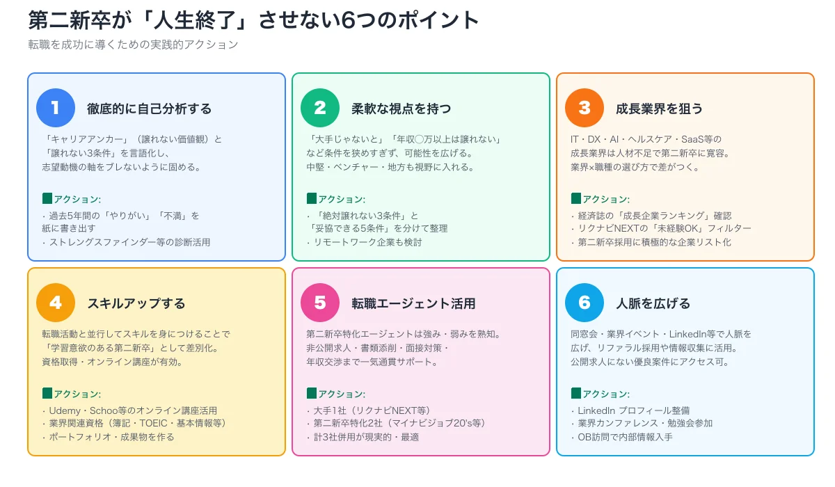 人生終了させない6アクション。自己分析・柔軟視点・成長業界・スキルアップ・エージェント活用・人脈拡大