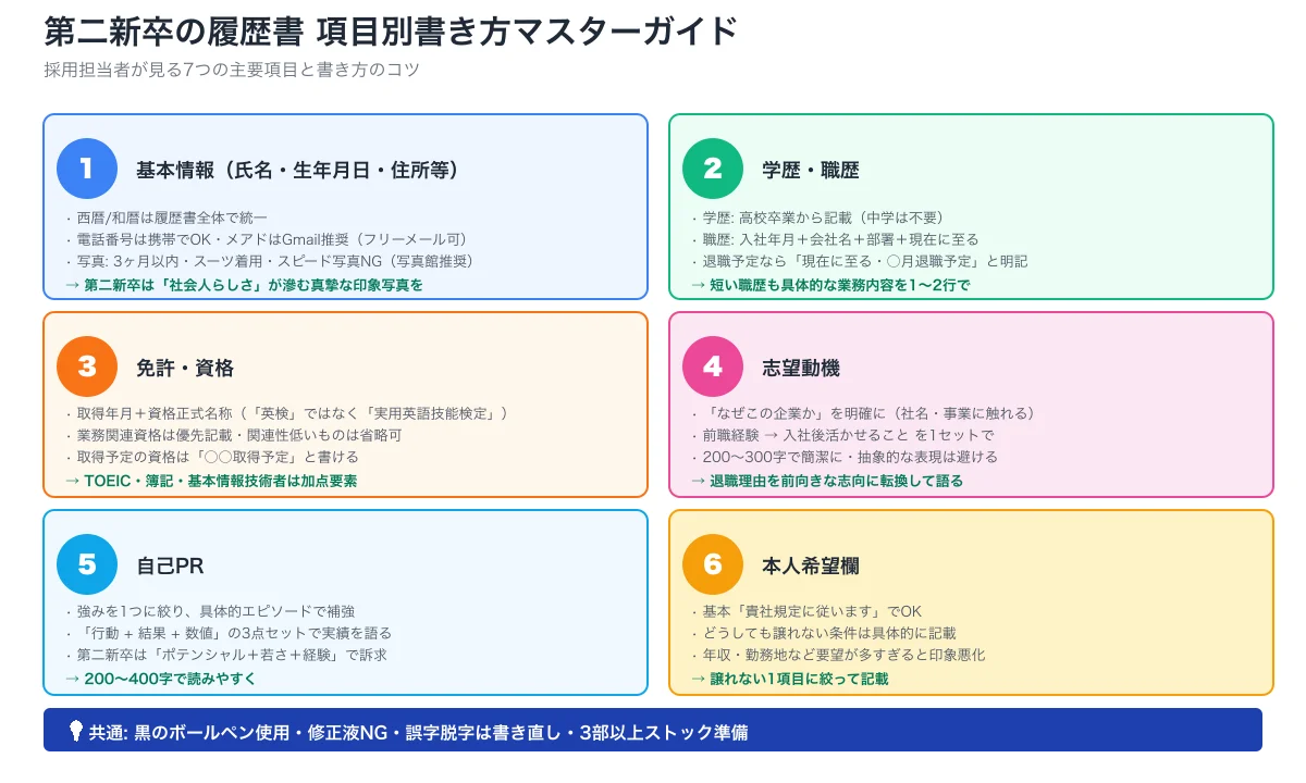 第二新卒履歴書の7項目別書き方ガイド。基本情報・学歴/職歴・免許資格・志望動機・自己PR・本人希望欄の各項目で第二新卒視点のコツを整理
