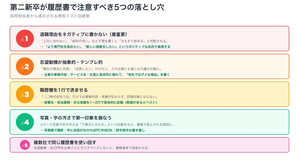履歴書5つの典型ミスと回避策。退職理由ネガ・志望動機テンプレ・職歴1行・写真字汚さ・使い回しのNG例とそれぞれの対策