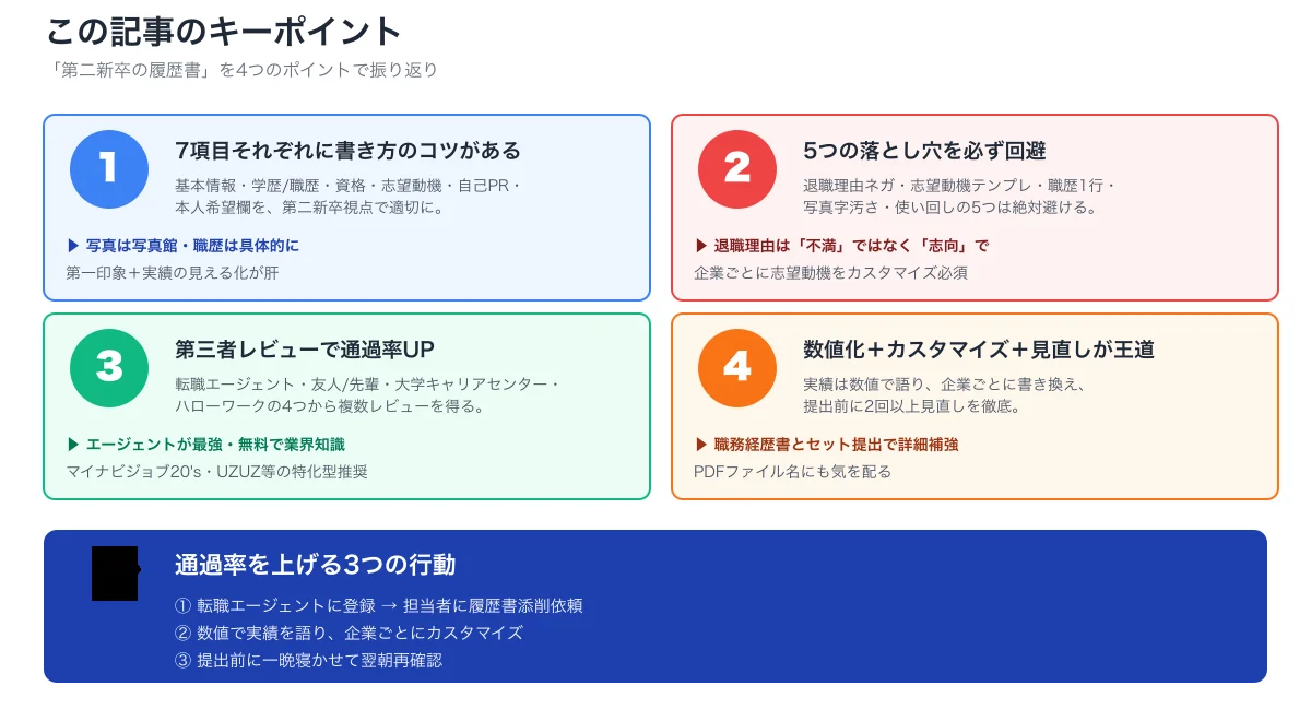 履歴書記事キーポイント要約。7項目の書き方・5落とし穴回避・第三者レビュー・数値化カスタマイズ見直しの4要点と通過率UP3行動CTA
