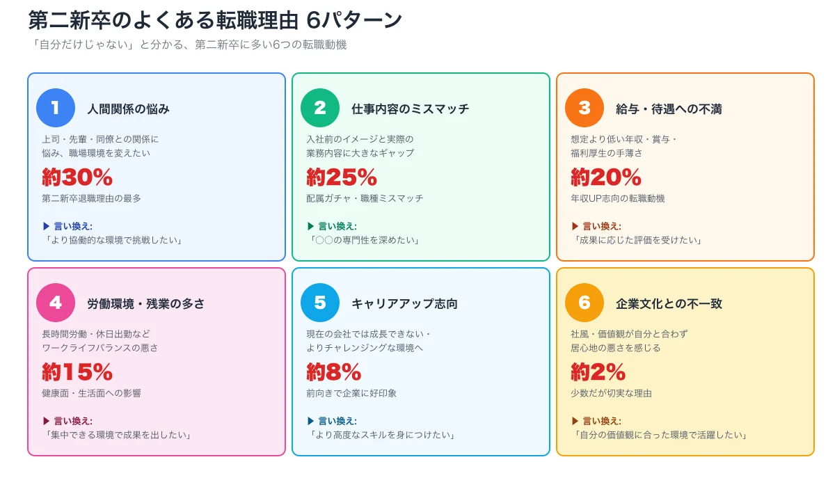 第二新卒転職理由6パターン（人間関係・仕事ミスマッチ・給与・労働環境・キャリアアップ・企業文化）と各前向き言い換え
