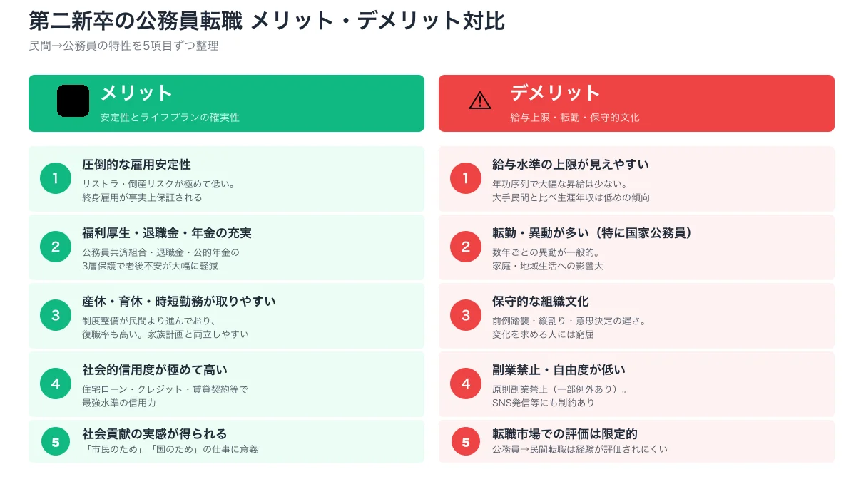 公務員転職メリット5（安定・福利・産育休・信用・社会貢献）デメリット5（給与上限・転勤・保守・副業禁止・転職困難）
