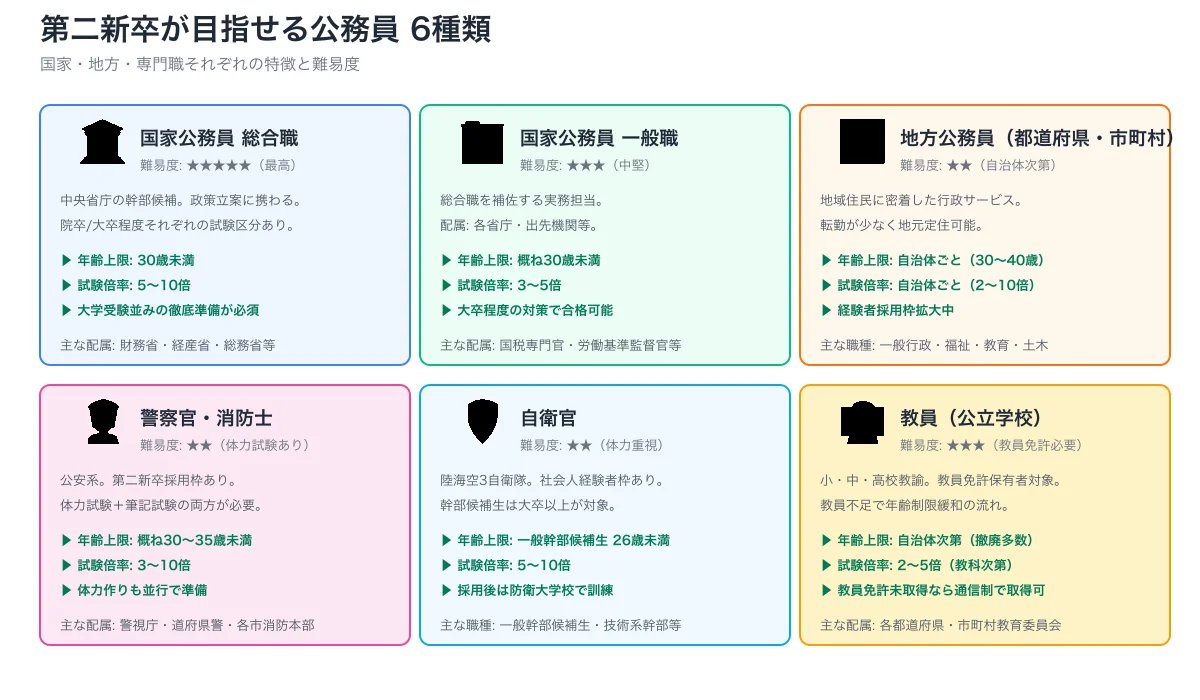 公務員6種類の比較（国家総合職・一般職・地方公務員・警察消防・自衛官・教員）