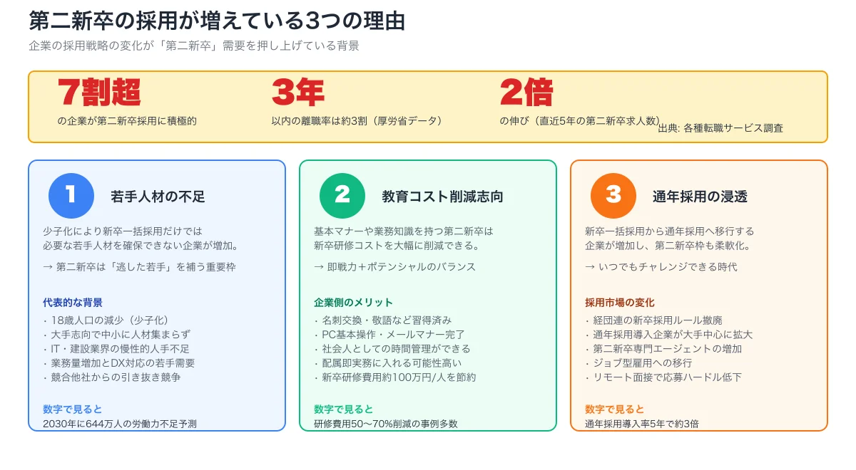 第二新卒の採用が増えている3つの理由。若手人材の不足、教育コスト削減志向、通年採用の浸透の3要因と背景データを整理した図